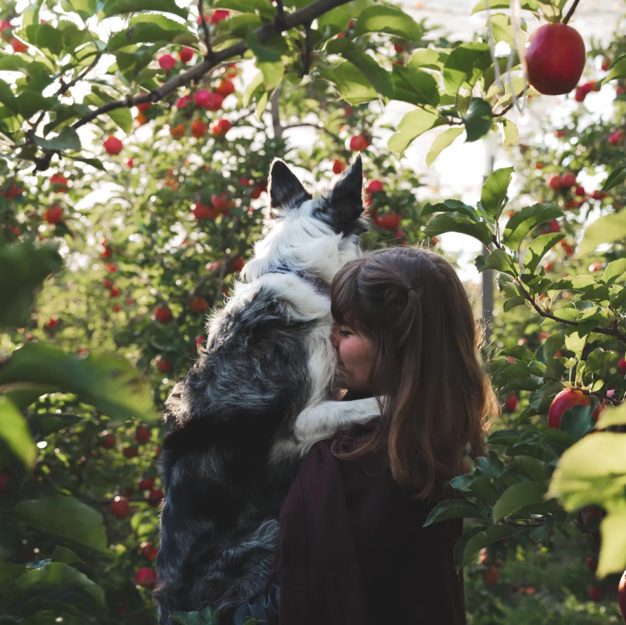 Amélia partage un moment avec son chien dans un verger